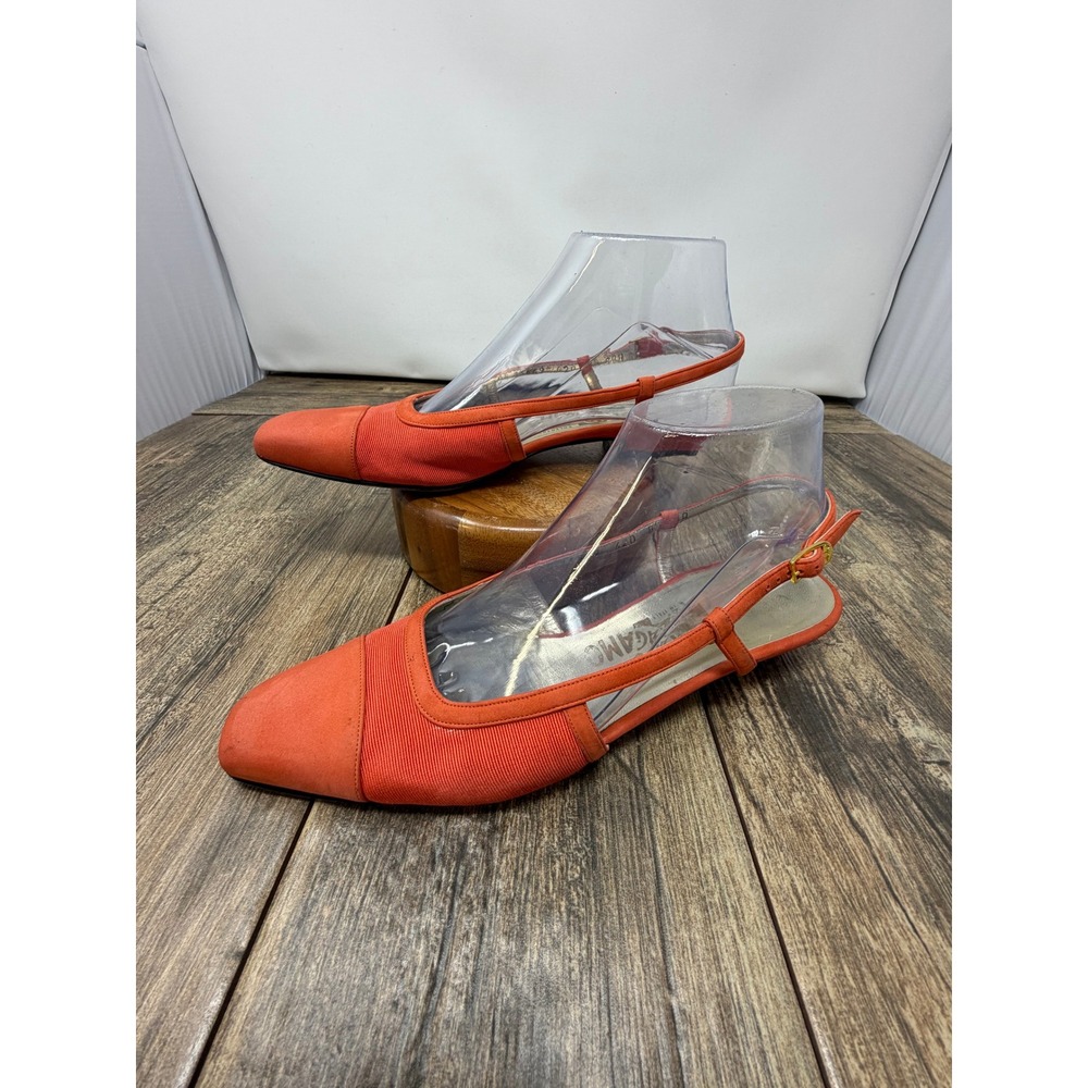 Salvatore Ferragamo Orange Suede Grosgrain Slingback Flats Pointed Toe 8.5